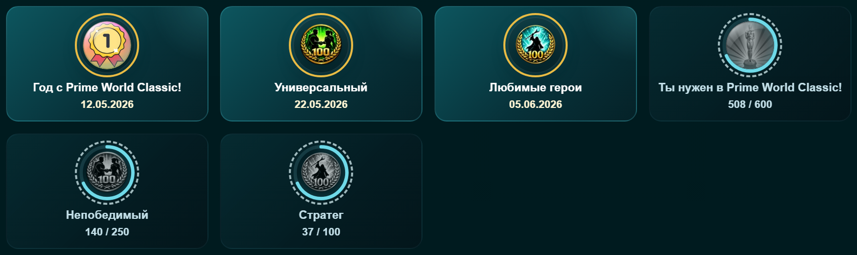Сетка достижений: три открытых с датой и жёлтым кольцом и три закрытых с голубым кольцом прогресса и счётом вида 508 из 600